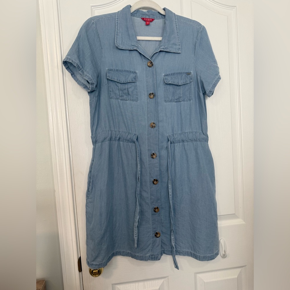GUESS Los Angeles Short Sleeve Blue Denim Button Front Collared Dress Size M